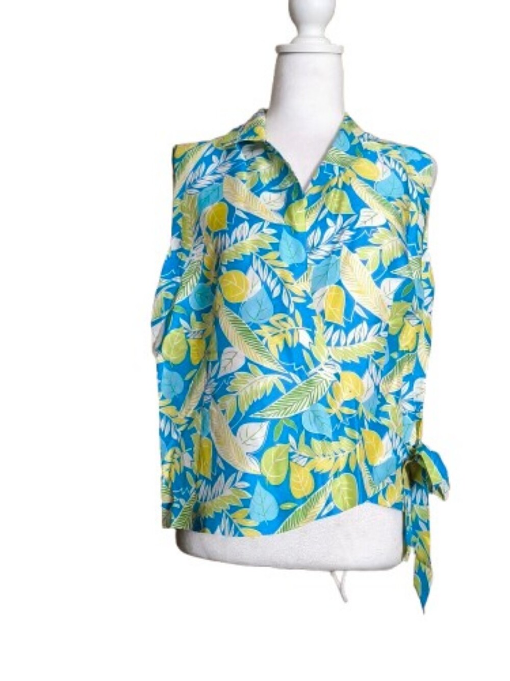 Robbie Bee 100% Silk Tropical Leaf Print Wrap Vest Top Size 14 Blue Green Resort
